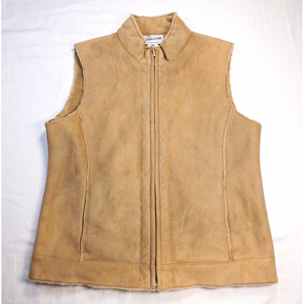 Pendleton Womens Beige Zip Front Faux Fur Collar Shearling Vest KNR2065 S